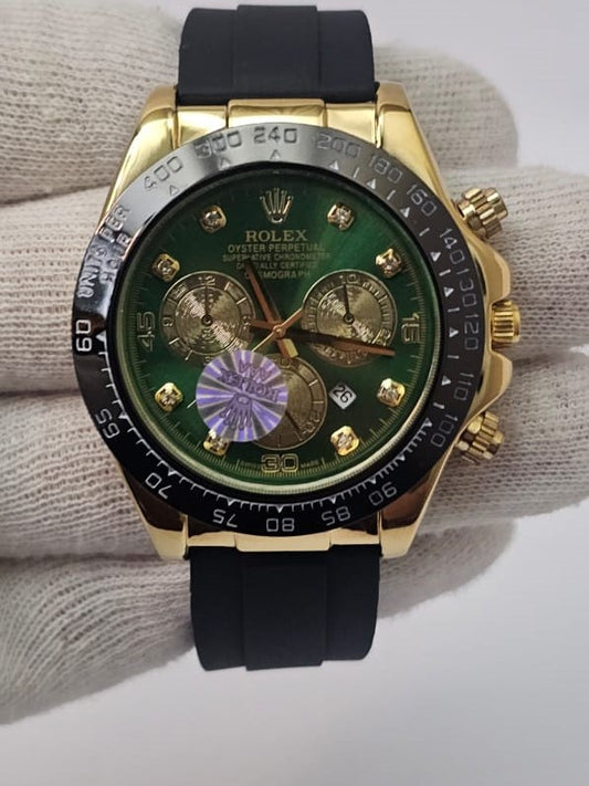 RLX  Gold & Green Chronograph Watch | Oyster Design | Silicon Strap