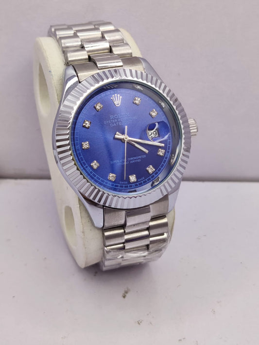 RLX Silver Datejust Design Watch – Black Dial with Diamond Markers