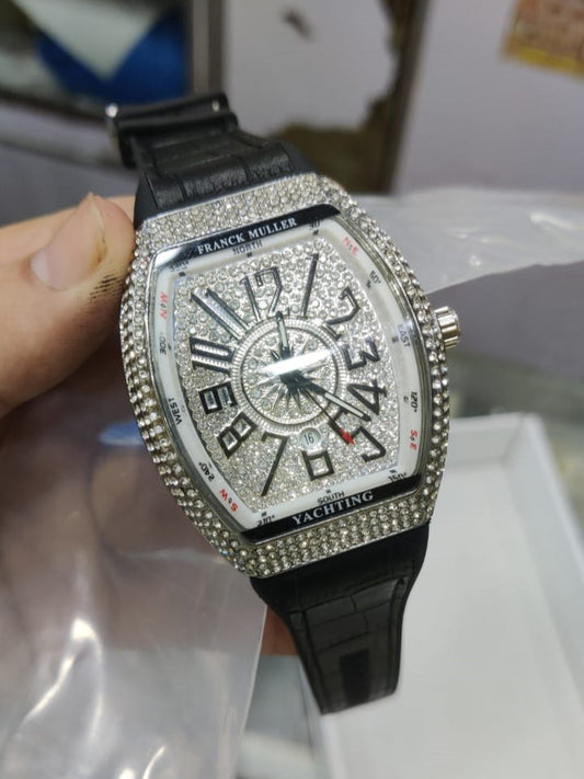 FM Full Diamond with Black Strap – Luxury Men's Watch