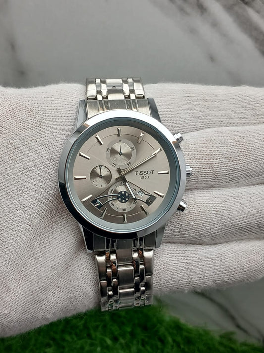 Tissot Multifunction Quartz Men’s Watch, Stainless Steel Bracelet, Silver Dial with Subdials and Date Display