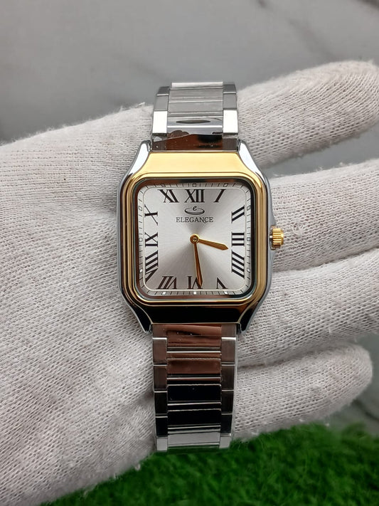 Elegance Two-Tone Rectangular Quartz Watch with Roman Numeral Dial