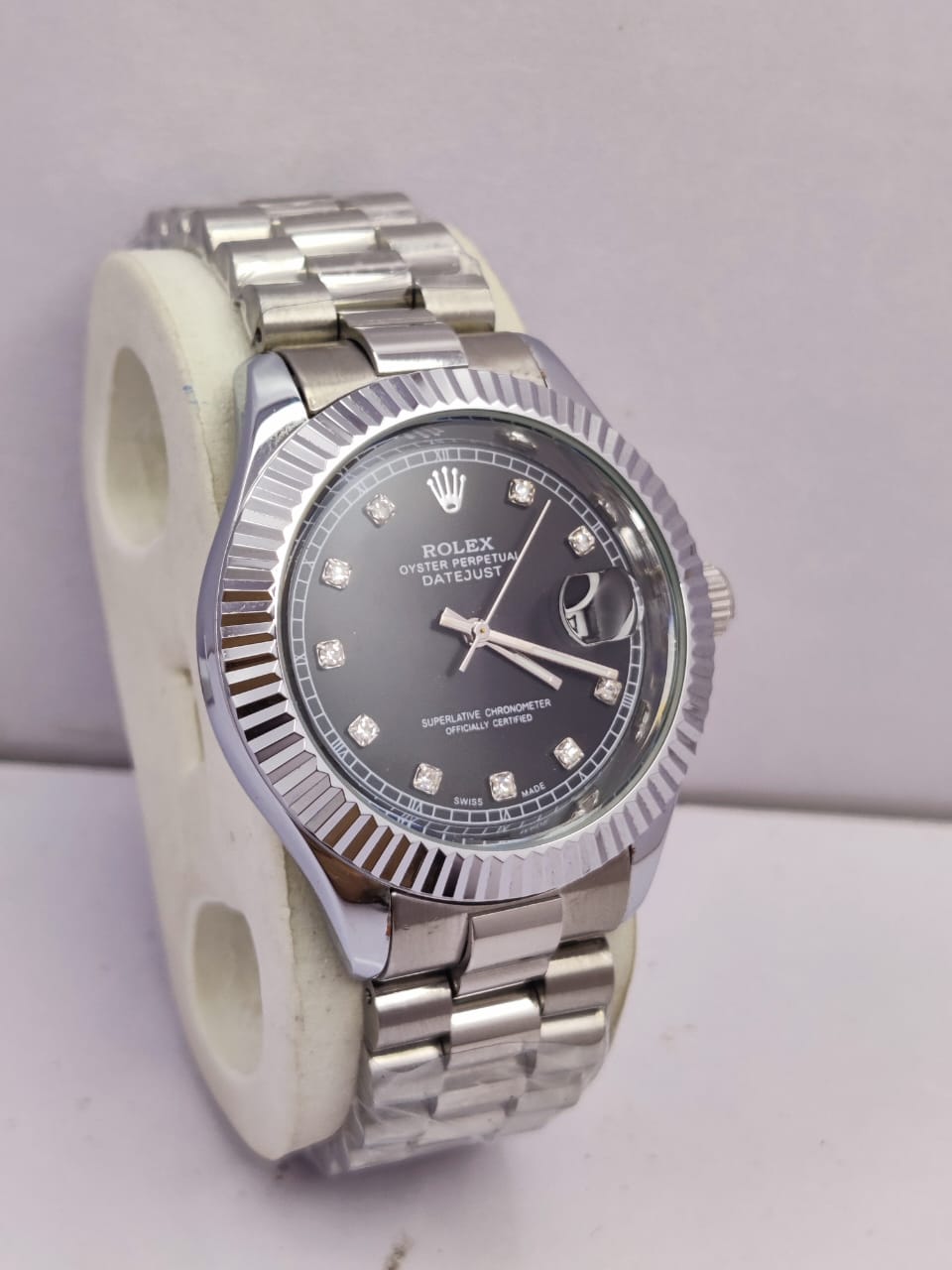 RLX Silver Datejust Design Watch – Black Dial with Diamond Markers