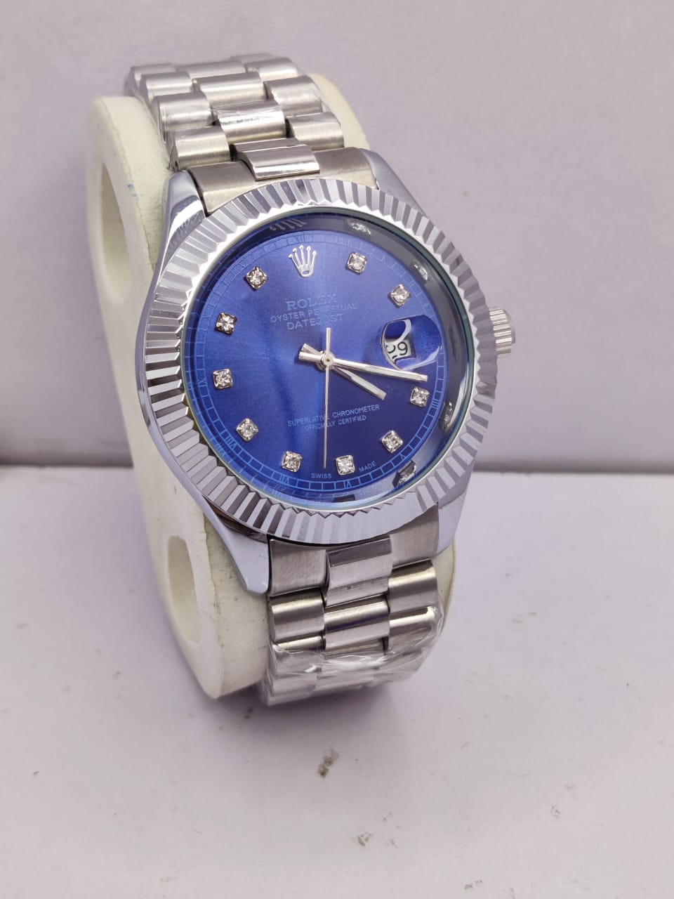 RLX Silver Datejust Design Watch – Black Dial with Diamond Markers