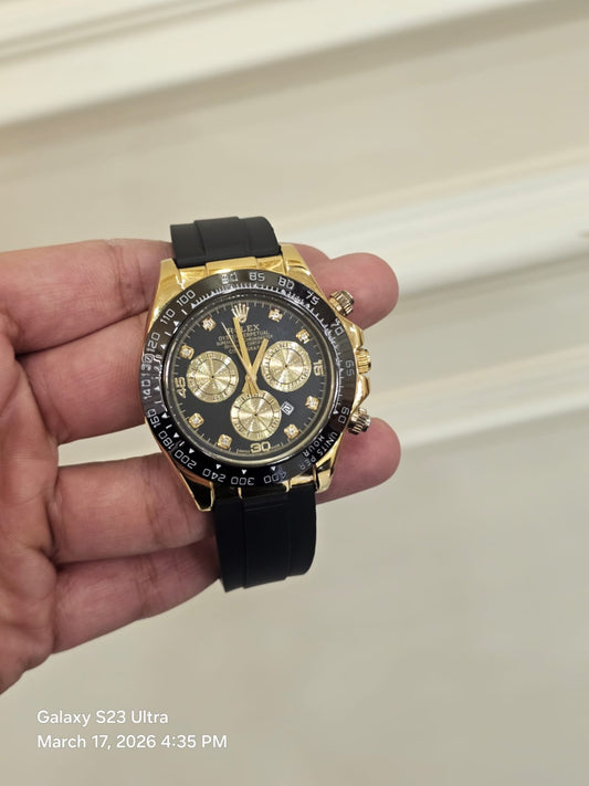 RLX  Gold & Black Chronograph Watch | Oyster Design | Silicon Strap
