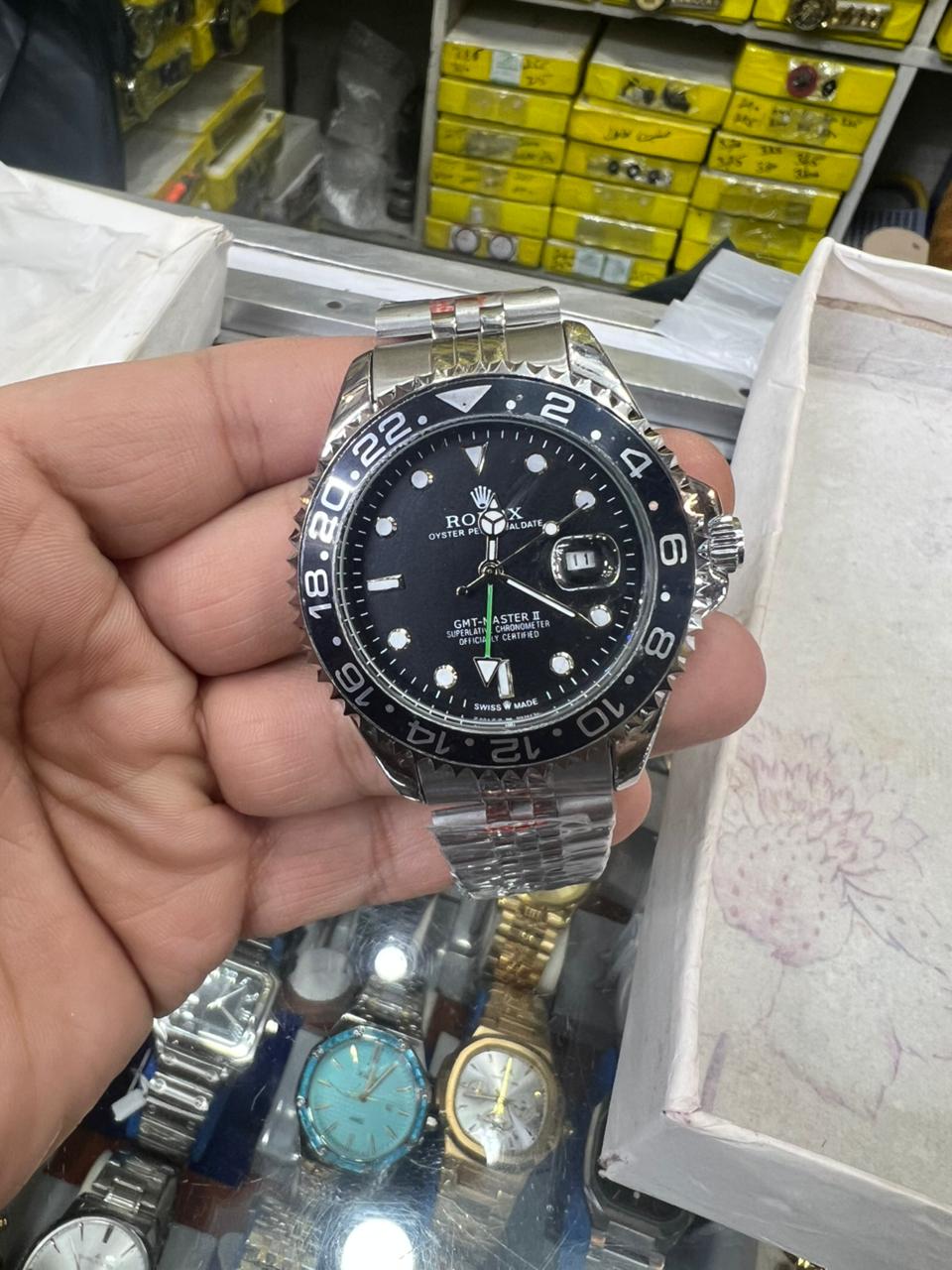 Luxury GMT-Style Stainless Steel Wrist Watch – Black Dial & Rotating Bezel