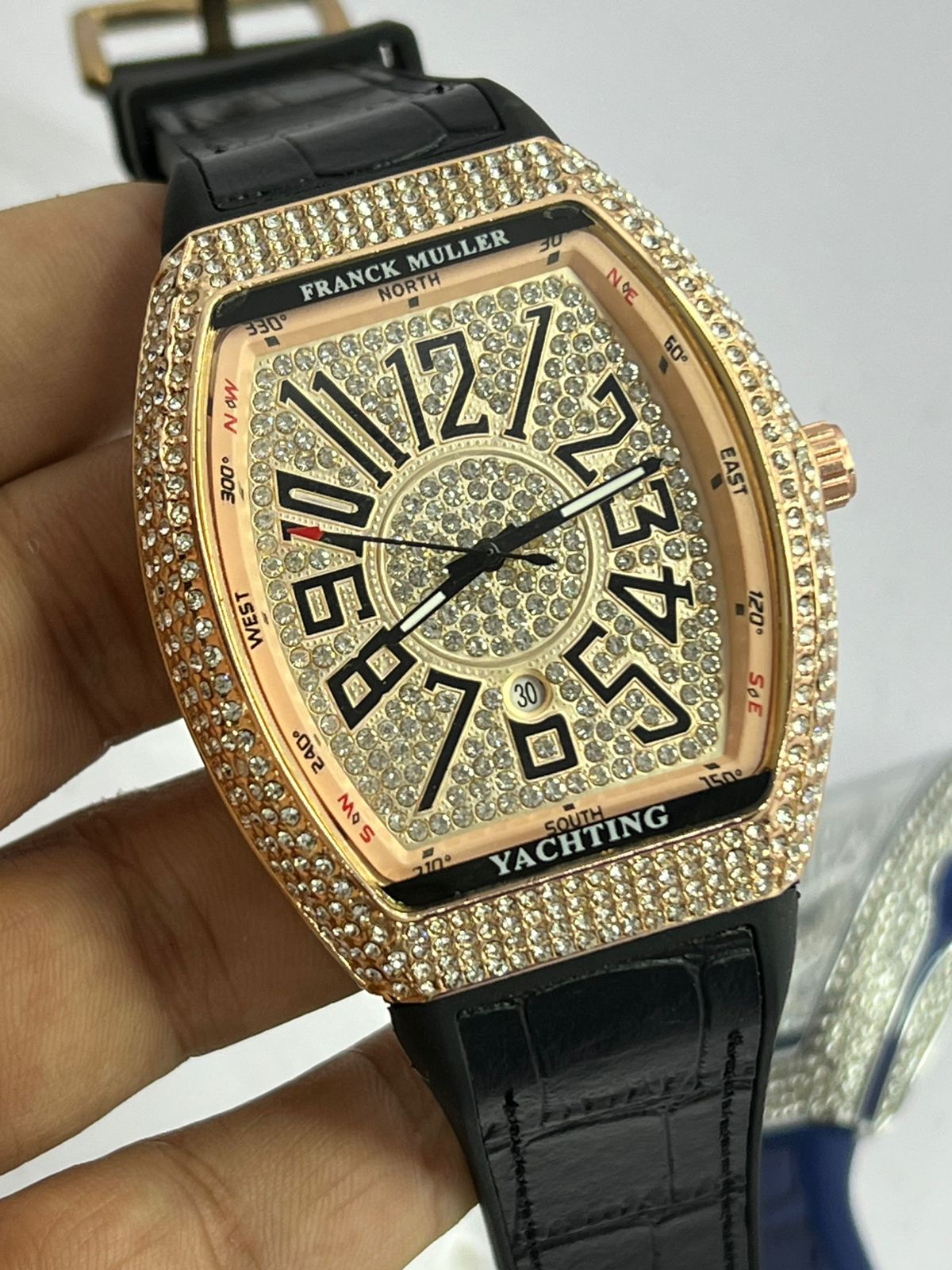 FM Full Diamond with Black Strap – Luxury Men's Watch