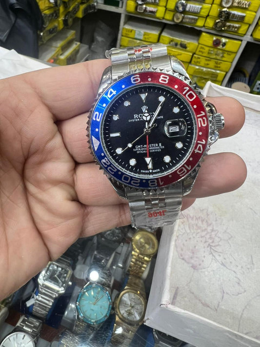 Luxury GMT-Style Stainless Steel Watch “Pepsi” – Red & Blue Bezel, Black Dial