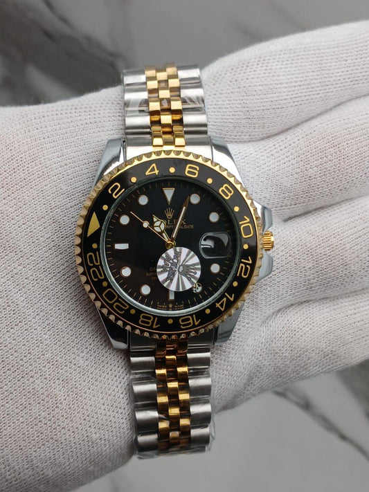 Two-Tone GMT-Style Luxury Wristwatch with Green & Black Bezel